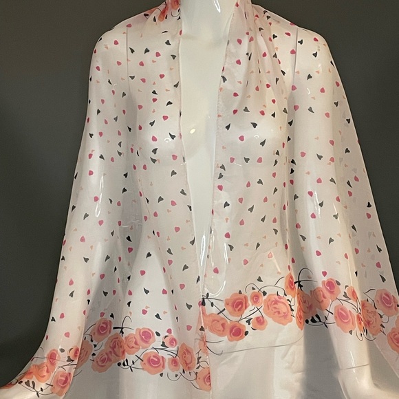 Pretty Vintage Valentine Heart Florals silky Poly Scarf Huge 18 x 64 Good Cond - Picture 2 of 4